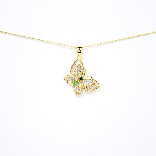 Dije de mariposa con zirconias cristalinas y diamante central verde Esmeralda, Oro laminado