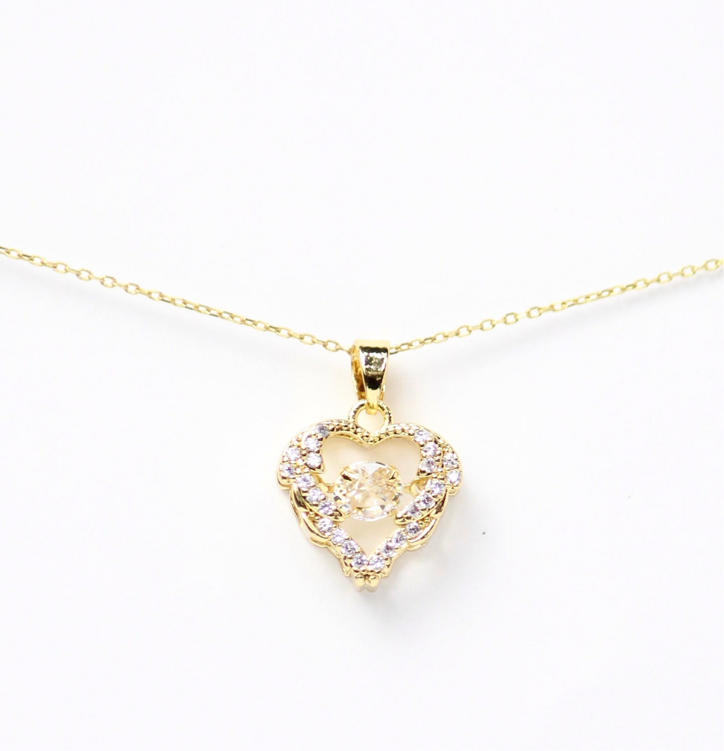 Dije Corazón Flotante en Oro laminado y Cristales, Diamante central flotante